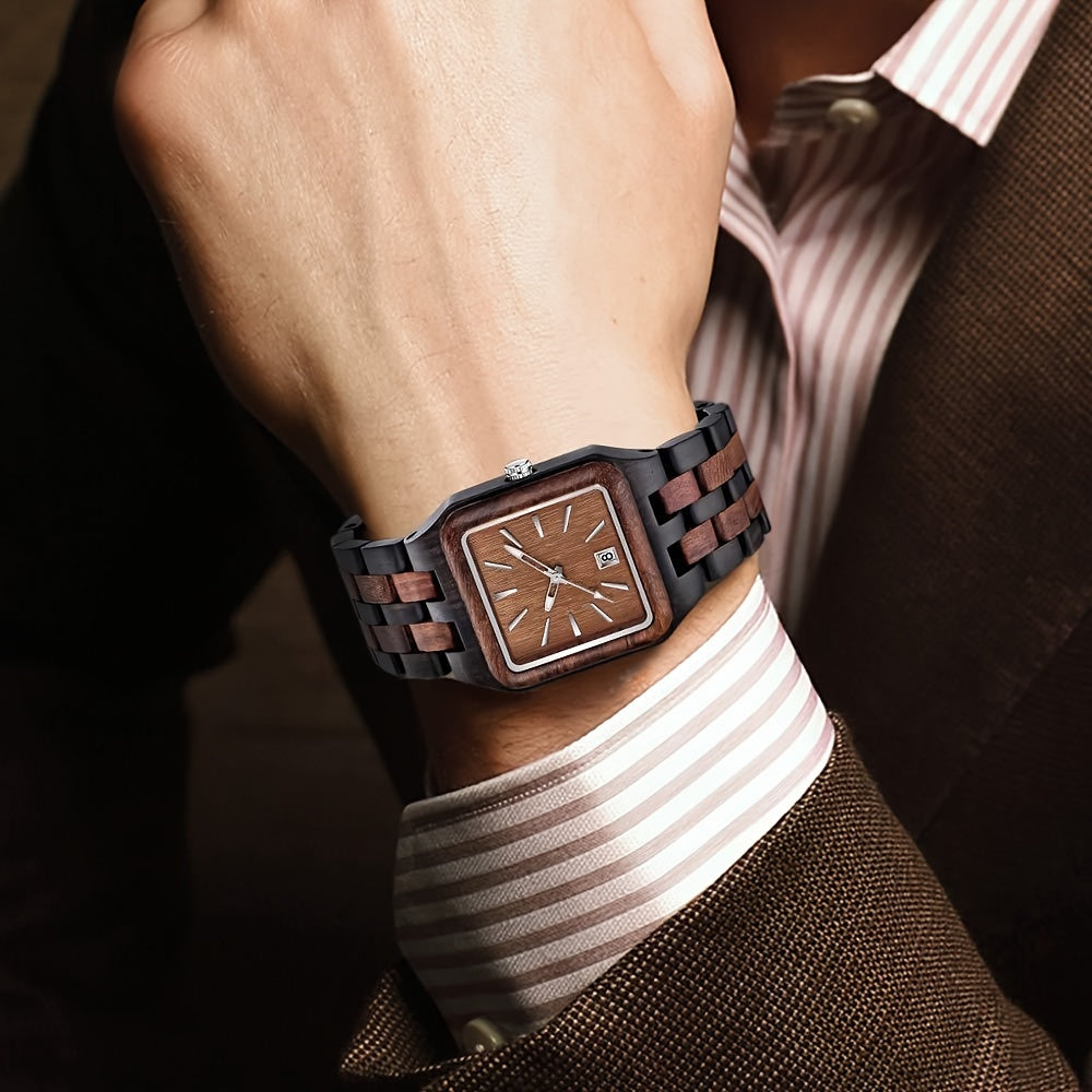 Men's Rectangle Wood Watch Quartz Movement Wooden Mens Watches Gift Watches for Men