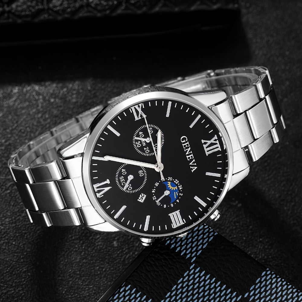 Men'S 4-Piece Fashion Set: Casual Quartz Watch With Calendar, Silvery Cross Pendant Necklace, Ring & Bracelet - Perfect Gift For Him Jewelry For Men Watches For Men Luxury