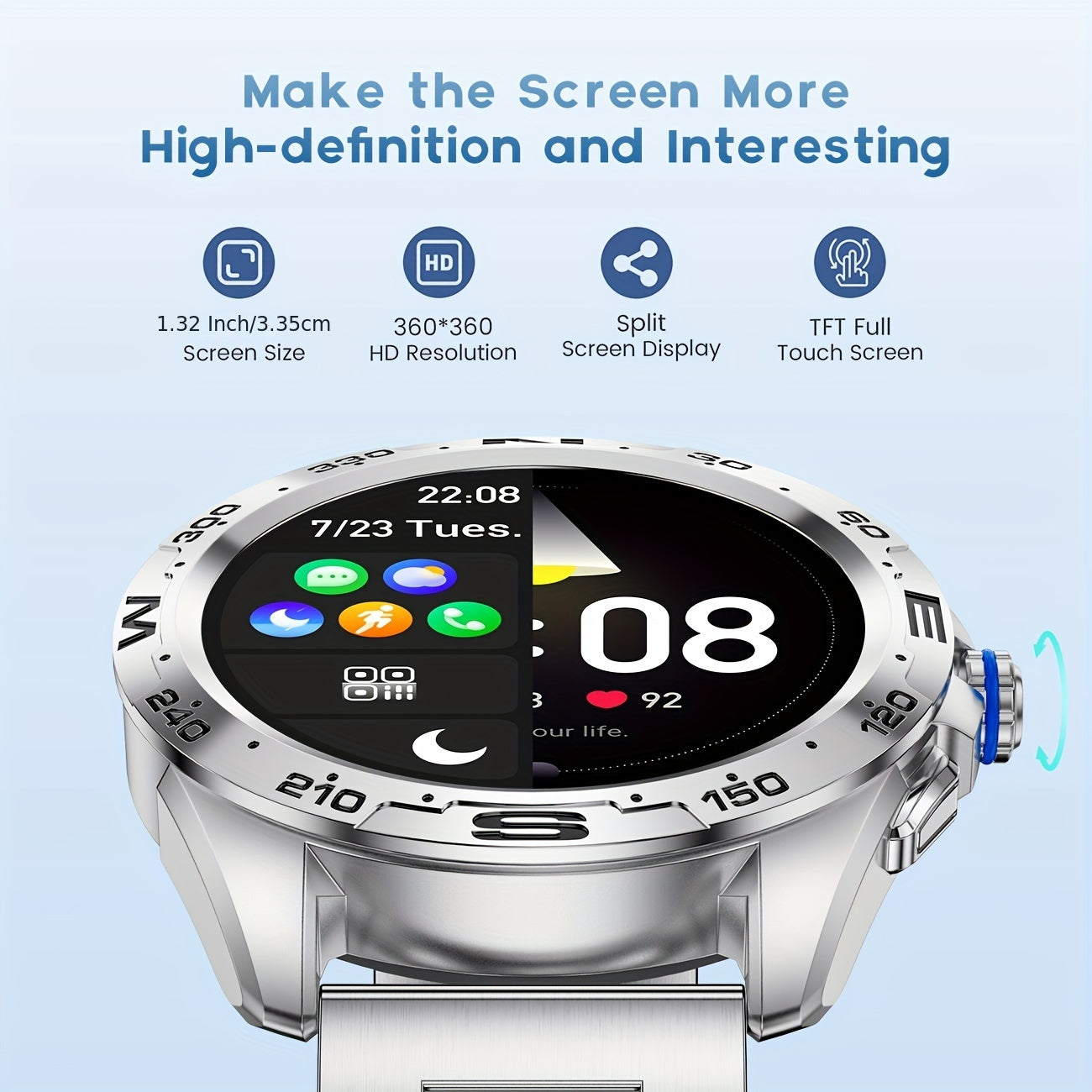 LIGE Smart Watches for Men with Wireless Call 1.32" Full Touch Screen Activity 100+ Sports Modes/ Music&Camera Control/ Weather Forecast Stainless Steel Smartwatch Compatible for Android Phones and iPhone