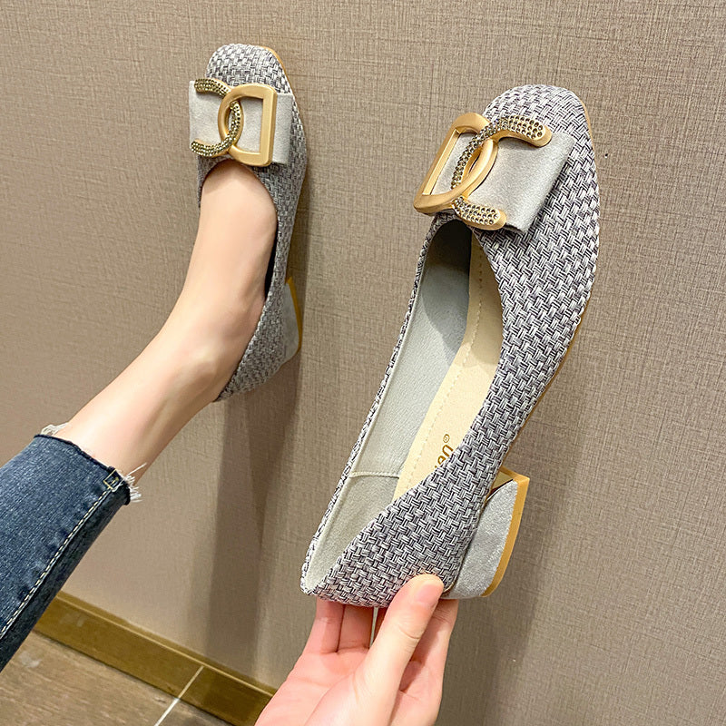 Small Fragrance Wind Single Shoe Women's Spring and Autumn New Outdoor Comfortable Versatile Soft Sole Low-Heel Non-Tiring Four Seasons Square-Toe Mid-Heel Flat Shoes