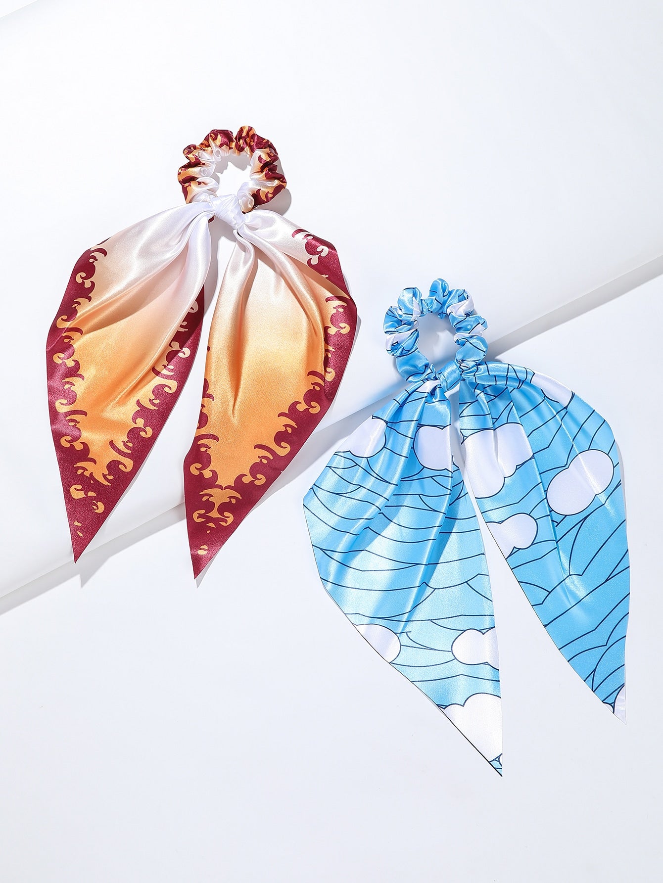 4pcs Adorable Japanese Anime Cartoon Printed Fabric Bowknot Hair Scarves with Elastic Hair Ties for Women - Soft, Comfortable, and Easy to Wear Ponytail Holders for Various Hairstyles - Cute Hair Accessories for Anime Fans