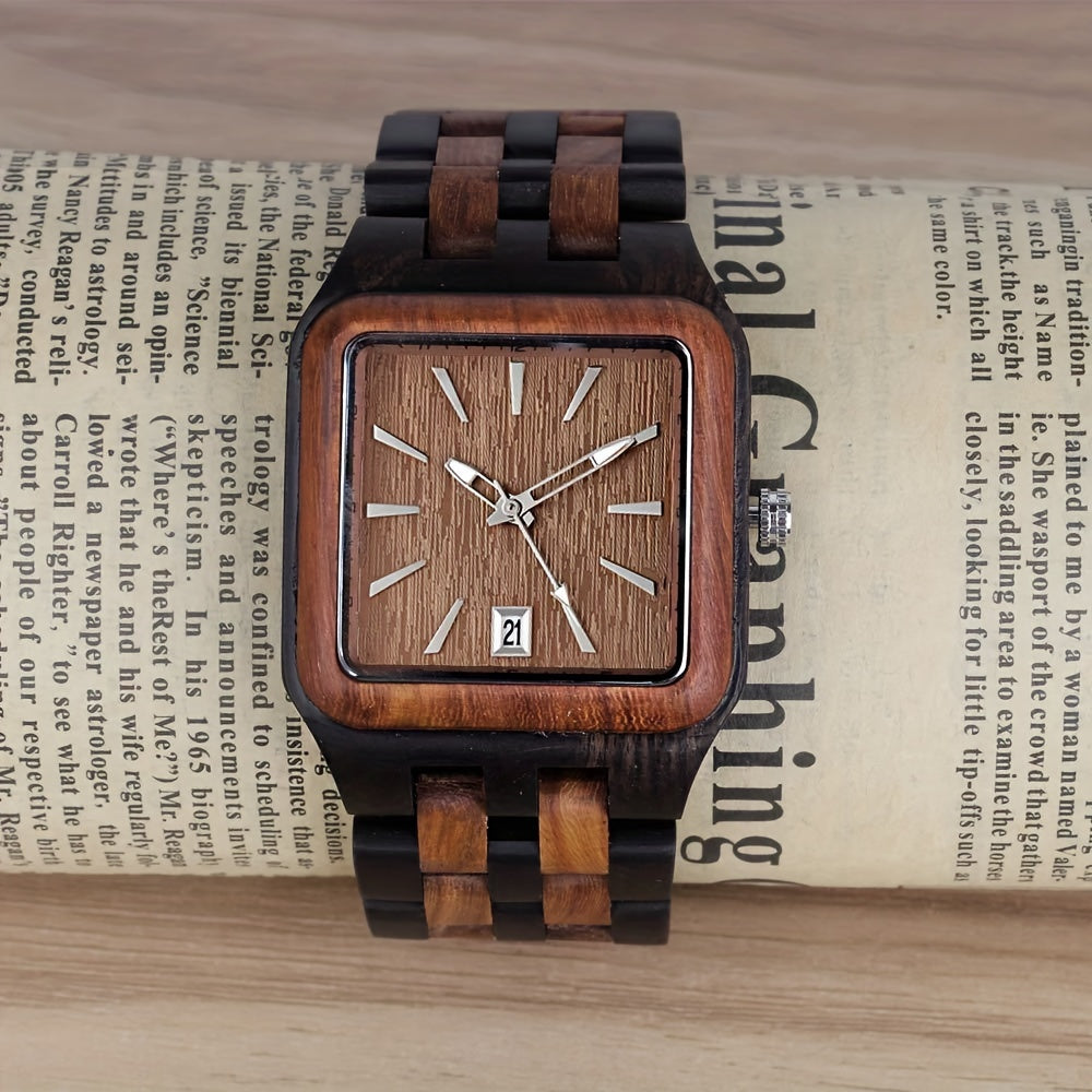 Men's Rectangle Wood Watch Quartz Movement Wooden Mens Watches Gift Watches for Men
