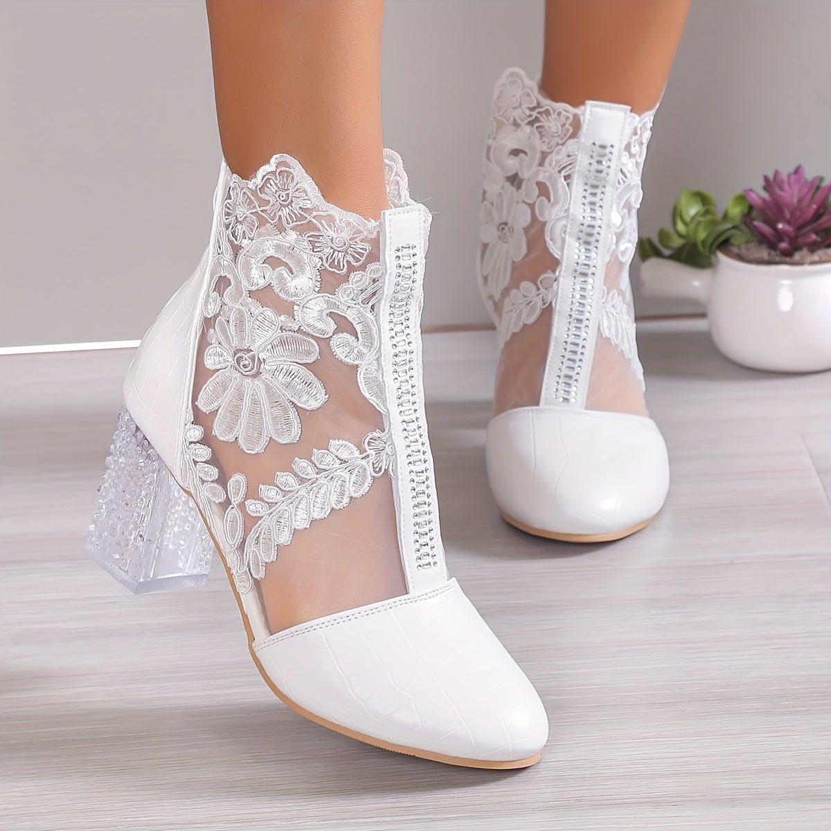Women's Floral Print Lace Ankle Boots, Back Zipper Square High Heel Shoes, Round Toe Shoes