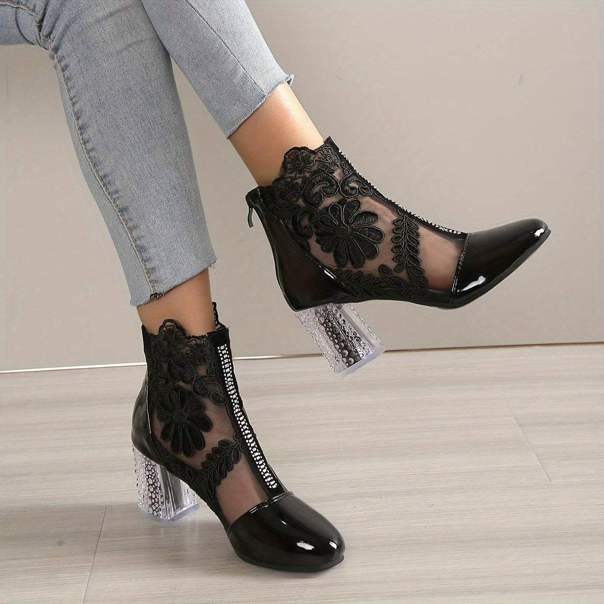 Women's Floral Print Lace Ankle Boots, Back Zipper Square High Heel Shoes, Round Toe Shoes