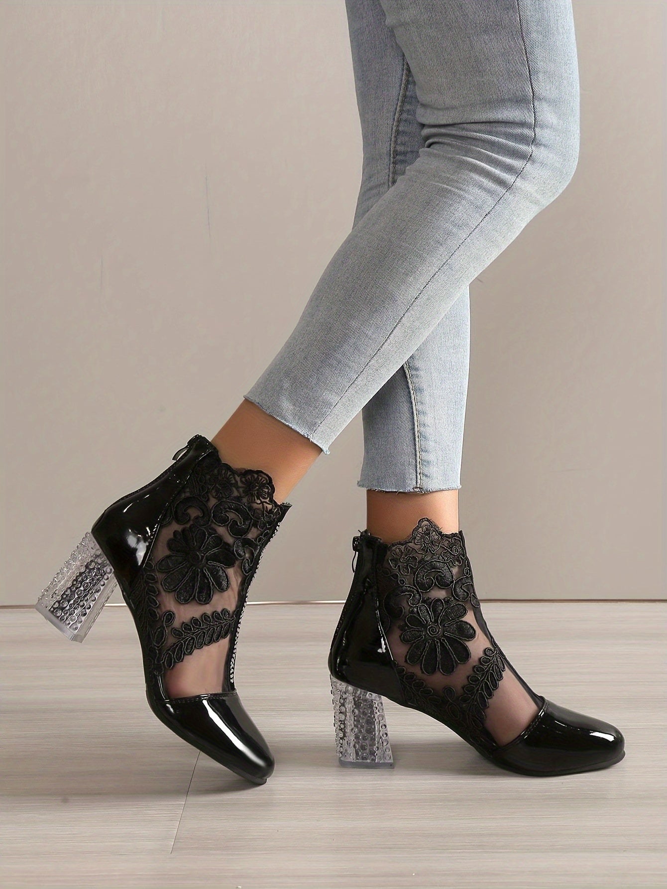 Women's Floral Print Lace Ankle Boots, Back Zipper Square High Heel Shoes, Round Toe Shoes