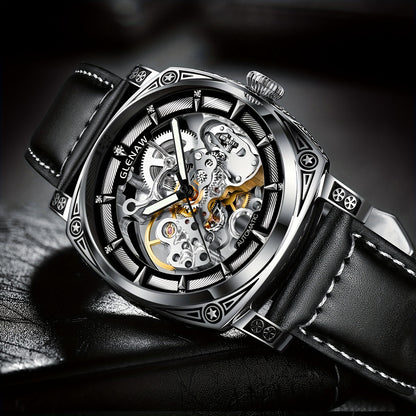 Carved Automatic Watches for Men, Retro Tattoo Skeleton Self-Winding Mechanical Watch Men's Automatic - 3 ATM Waterproof, Luminous Hands, Skeleton Dial, Ideal for Everyday Wear and Formal Occasions