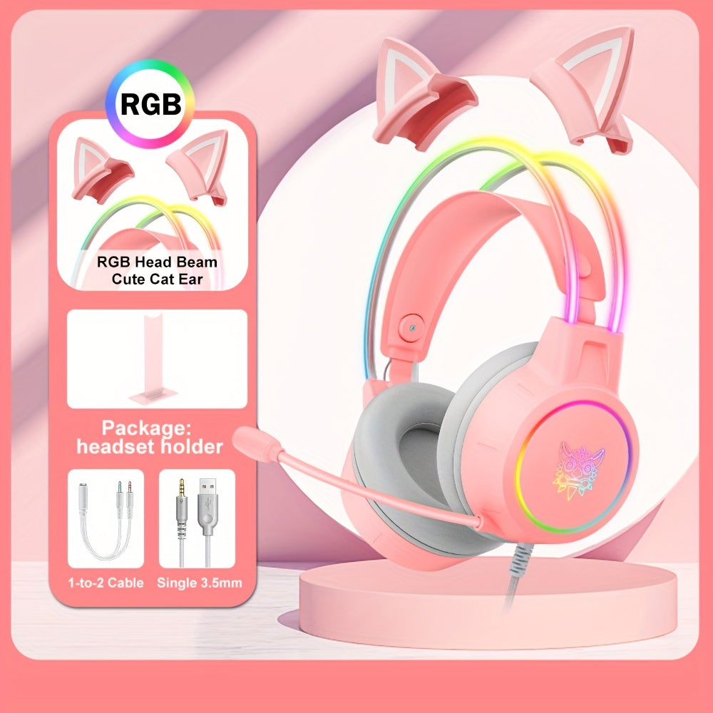 ONIKUMA X15pro Cat Ears Gaming Headset with LED Light-Up Headband, Wired, Noise-Canceling Mic for PC & Laptop