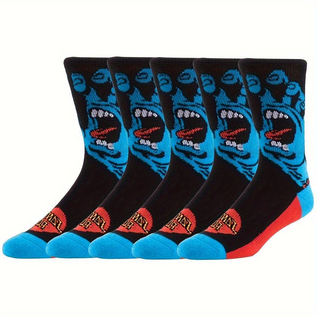 5pairs Men's Breathable Sweat Absorbing Crew Socks With Skull Faces Print, Novelty Socks