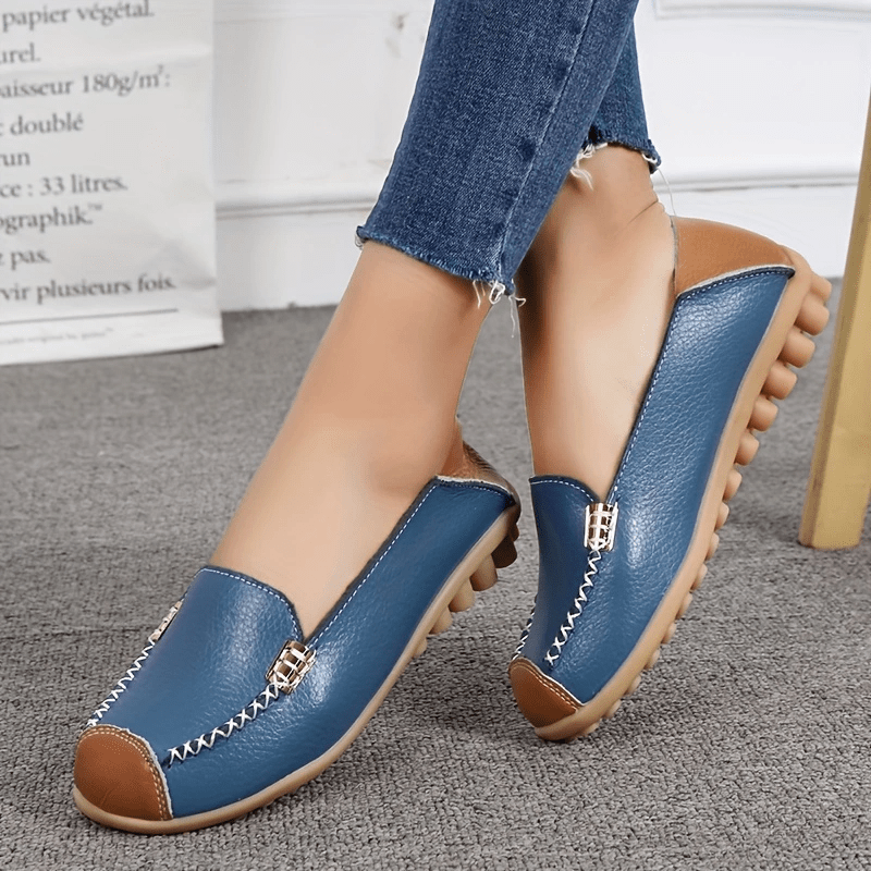 Lightweight Non Slip Women's Slip On Flat Loafers, Stitched Colorblock Walking Shoes