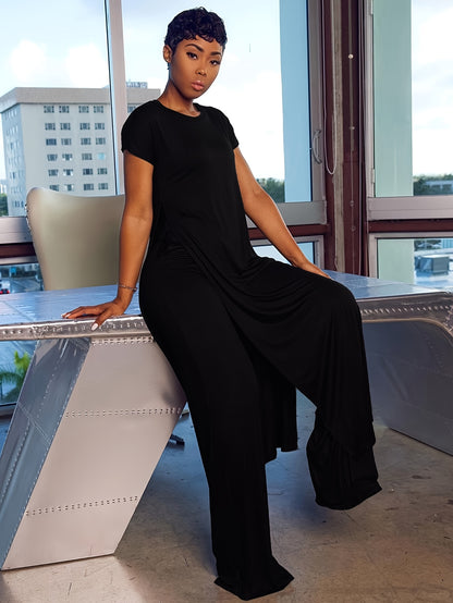 Plus Size Solid Color Split Hem Oversized T-shirt & Pants Set, Women's Plus High Stretch 2pcs Set
