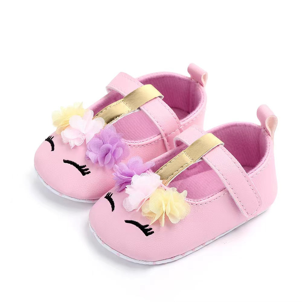 Adorable Baby Girls Cartoon Unicorn Crib Shoes - Flexible Fabric Sole, Hook-and-Loop Fastener, Mesh Flower Embellishment, Breathable for Spring and Autumn Walking