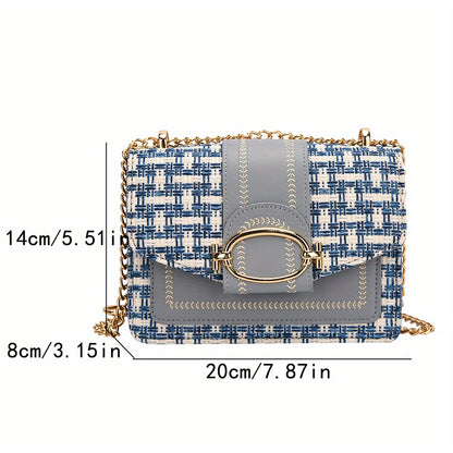 Mini Plaid Pattern Tweed Bag, Buckle Decor Shoulder Square Bag, Chain Crossbody Flap Purse For Everyday