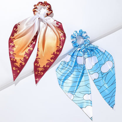 4pcs Adorable Japanese Anime Cartoon Printed Fabric Bowknot Hair Scarves with Elastic Hair Ties for Women - Soft, Comfortable, and Easy to Wear Ponytail Holders for Various Hairstyles - Cute Hair Accessories for Anime Fans