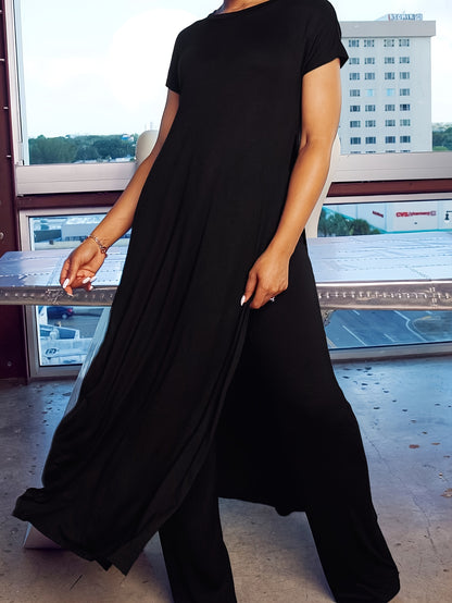 Plus Size Solid Color Split Hem Oversized T-shirt & Pants Set, Women's Plus High Stretch 2pcs Set