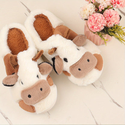Adorable Cartoon Cow Plush Slippers for Women - Cozy Fabric Upper & PVC Sole, Soft Indoor Footwear with Fluffy White Trim, Cute Slippers