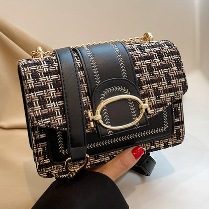Mini Plaid Pattern Tweed Bag, Buckle Decor Shoulder Square Bag, Chain Crossbody Flap Purse For Everyday