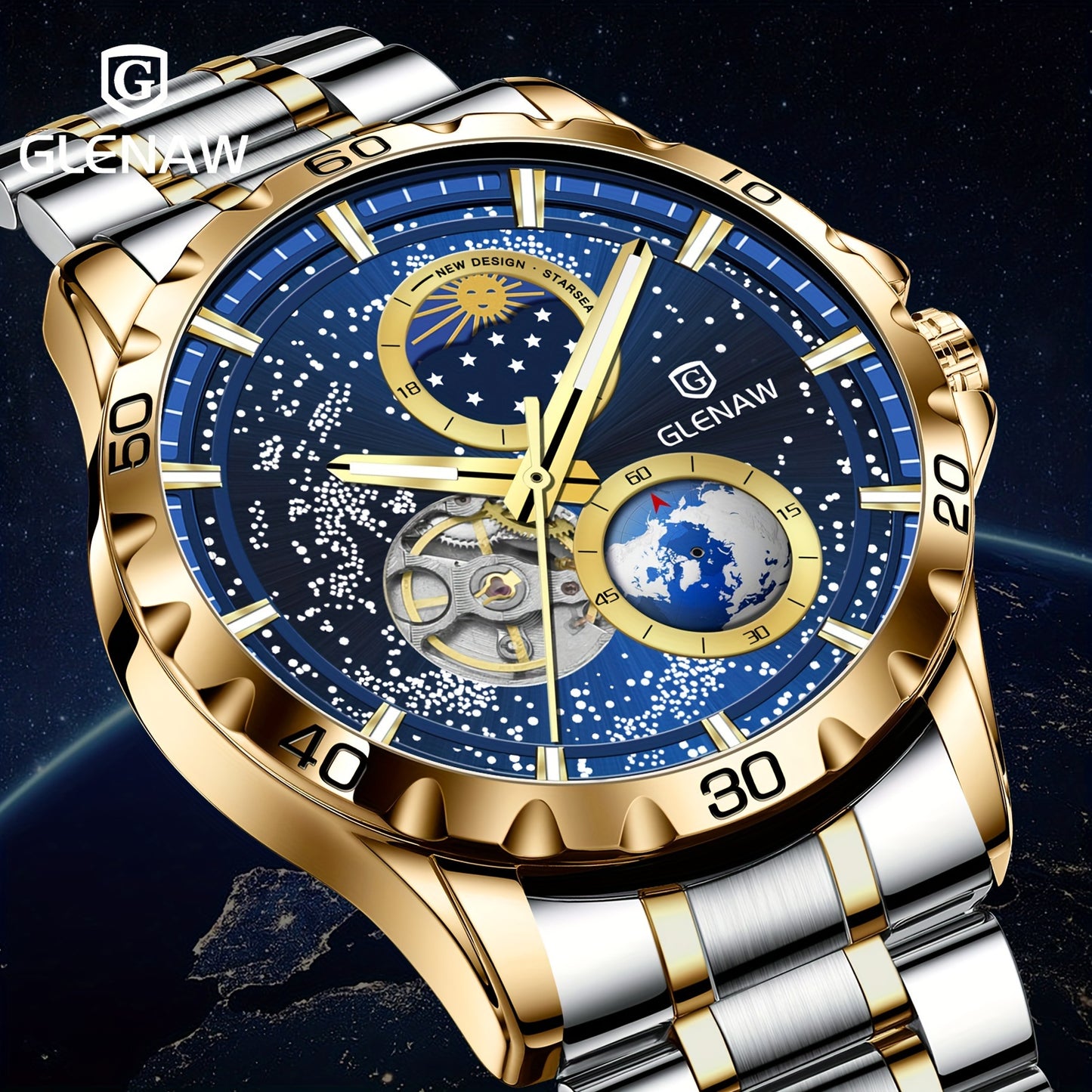 Automatic Watches for Men, Rotating Earth Multifunctional Men's Mechanical Watch Starry Sky Dial Steel Band Stopwatch Sun Moon Stars Automatic Men's Watch