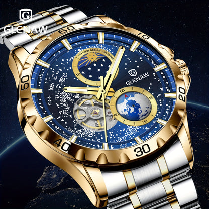 Automatic Watches for Men, Rotating Earth Multifunctional Men's Mechanical Watch Starry Sky Dial Steel Band Stopwatch Sun Moon Stars Automatic Men's Watch