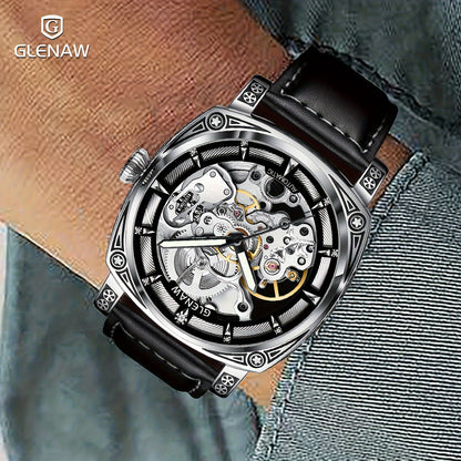 Carved Automatic Watches for Men, Retro Tattoo Skeleton Self-Winding Mechanical Watch Men's Automatic - 3 ATM Waterproof, Luminous Hands, Skeleton Dial, Ideal for Everyday Wear and Formal Occasions
