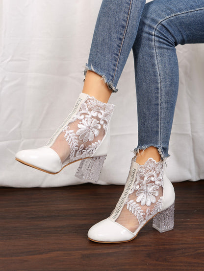 Women's Floral Print Lace Ankle Boots, Back Zipper Square High Heel Shoes, Round Toe Shoes
