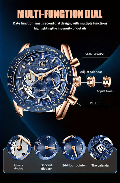 BENYAR Watches For Men Analog Quartz Chronograph Luminous Big Face Mens Watches Business Work Sport Casual Fashion Designer Dress Men'S Wrist Watches Elegant Gift For Men