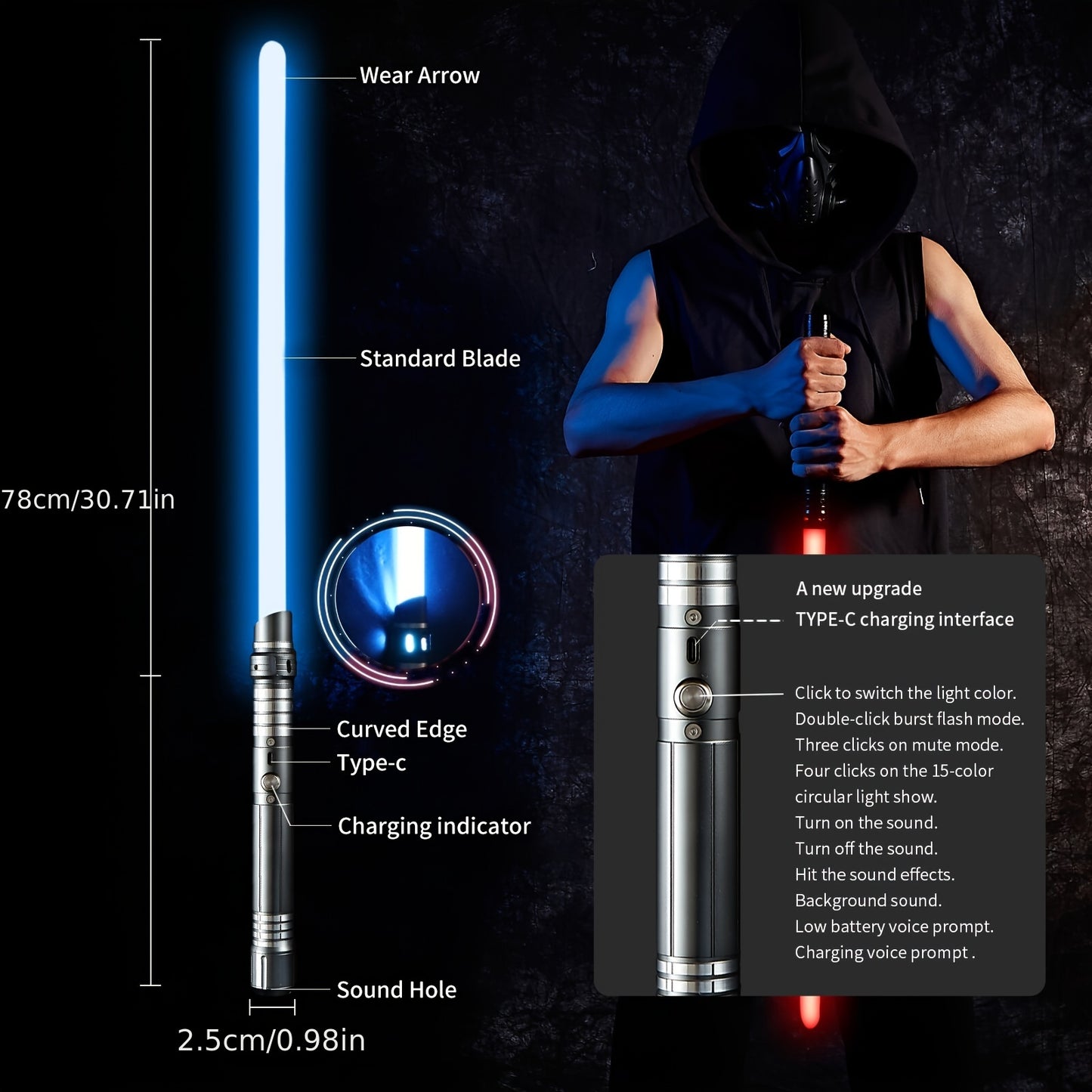 Rechargeable Light Sword, Upgraded Version 7 Colors Metal Handle, 1800mAh 18650 Series Lithium Battery, Aluminum Alloy Material, 2-in-1 with 3 Sound Effects, Light Grey, Black, Golden, Silvery Grey, USB Charging, ≤36V Opera