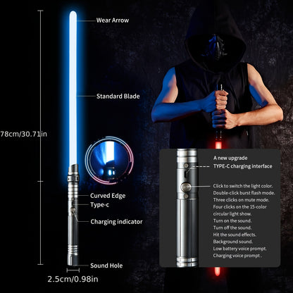 Rechargeable Light Sword, Upgraded Version 7 Colors Metal Handle, 1800mAh 18650 Series Lithium Battery, Aluminum Alloy Material, 2-in-1 with 3 Sound Effects, Light Grey, Black, Golden, Silvery Grey, USB Charging, ≤36V Opera
