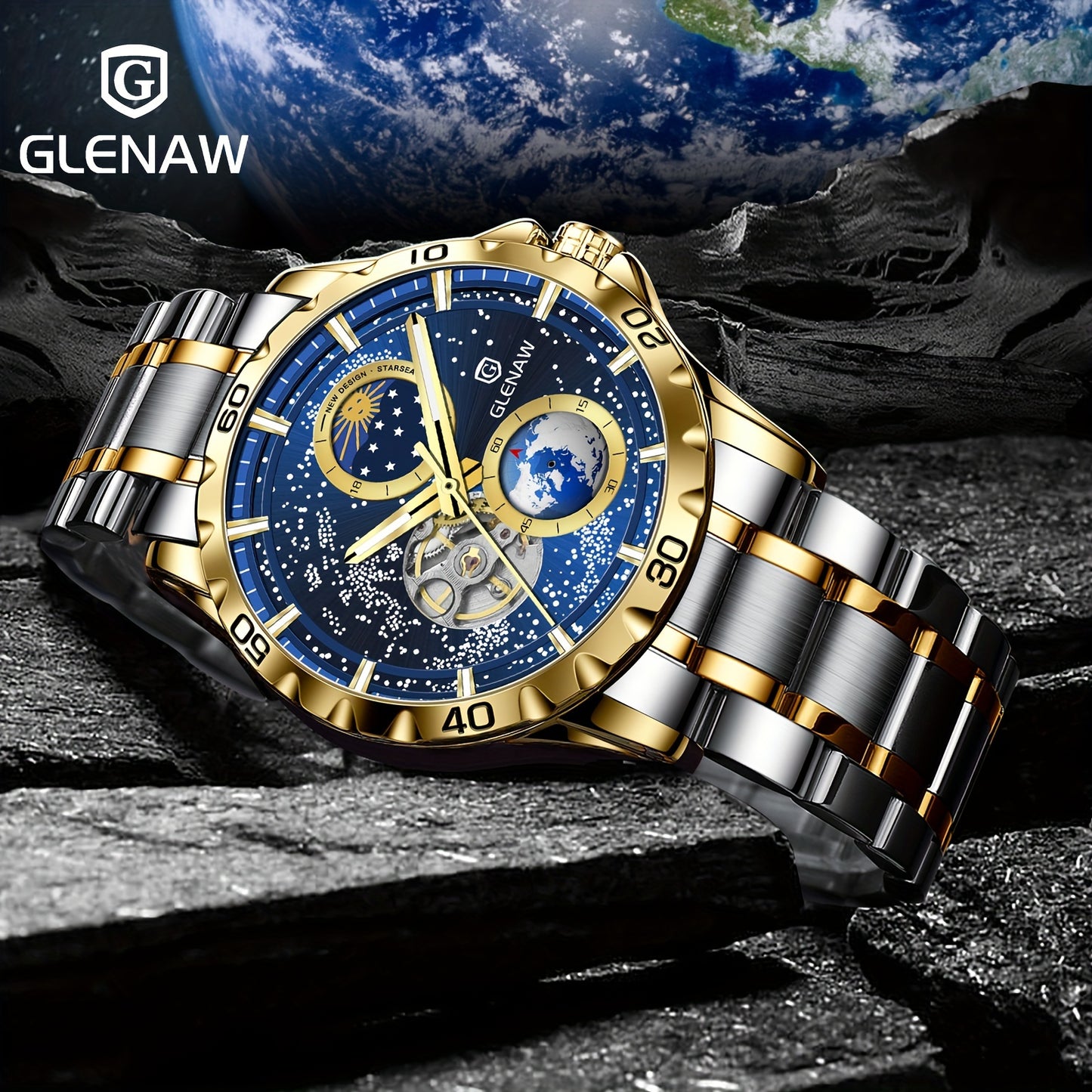 Automatic Watches for Men, Rotating Earth Multifunctional Men's Mechanical Watch Starry Sky Dial Steel Band Stopwatch Sun Moon Stars Automatic Men's Watch