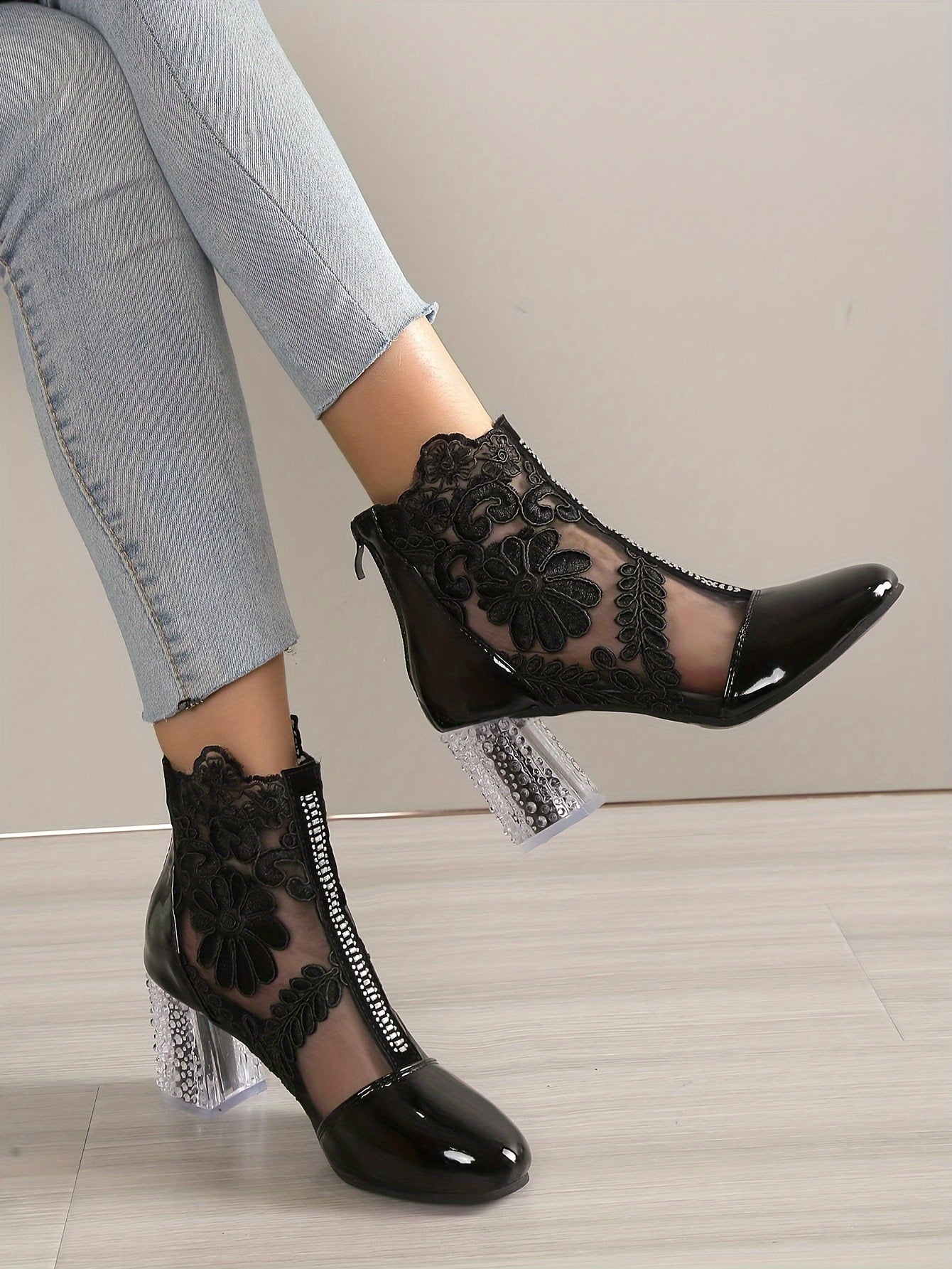 Women's Floral Print Lace Ankle Boots, Back Zipper Square High Heel Shoes, Round Toe Shoes