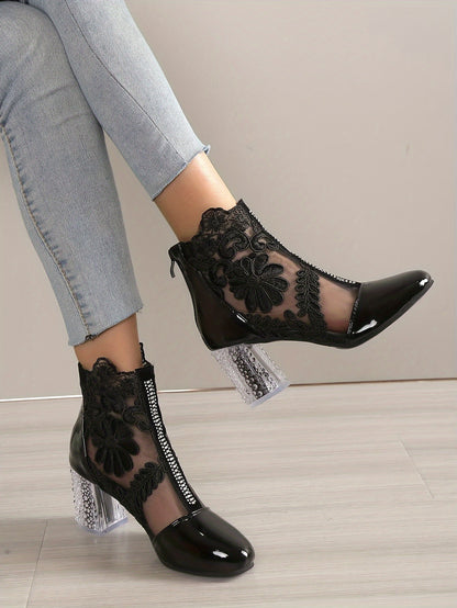 Women's Floral Print Lace Ankle Boots, Back Zipper Square High Heel Shoes, Round Toe Shoes