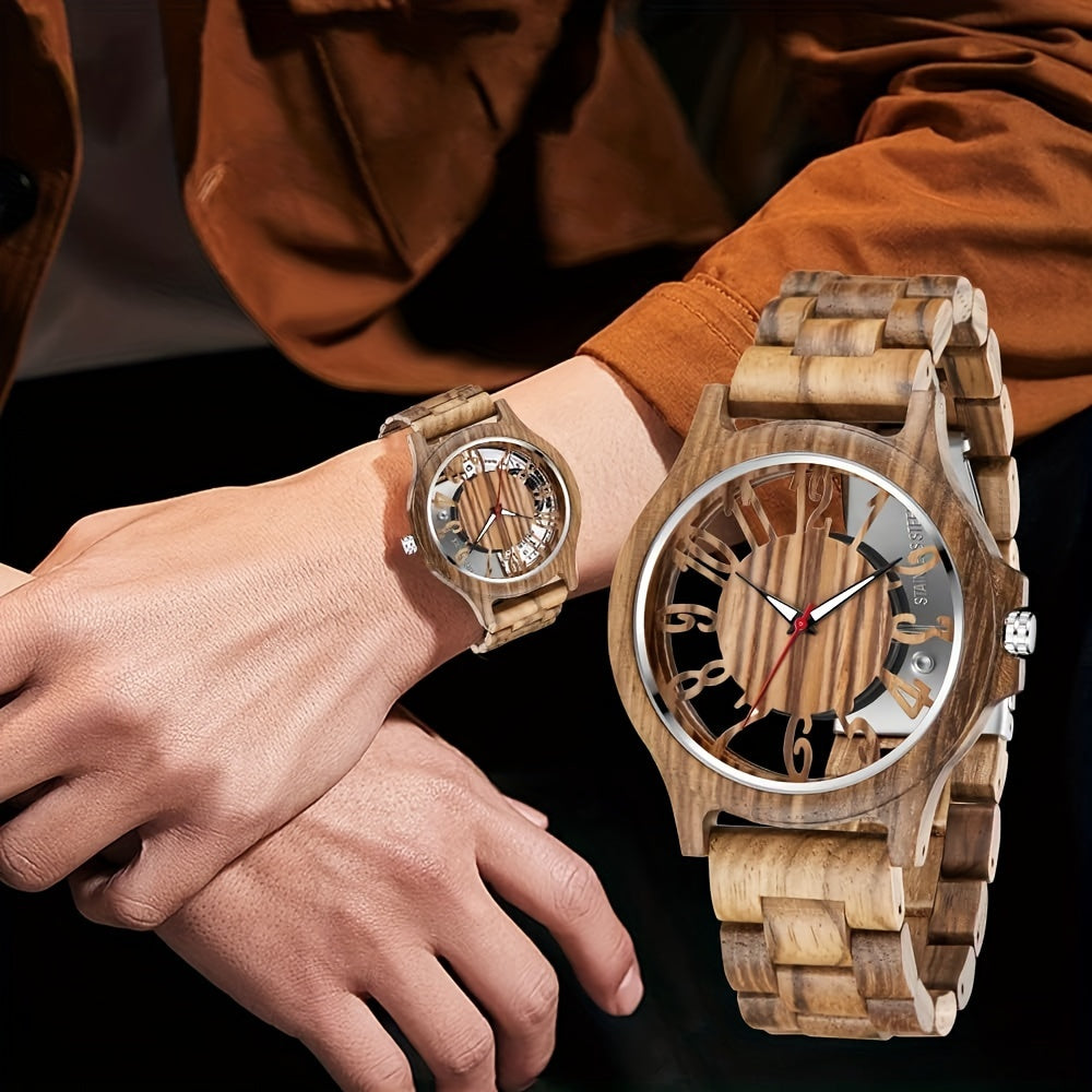 Classic Wooden Watches for Men Creative Hollow Out Dial Wooden Mens Watches Analog Quartz Men's Wood Watch
