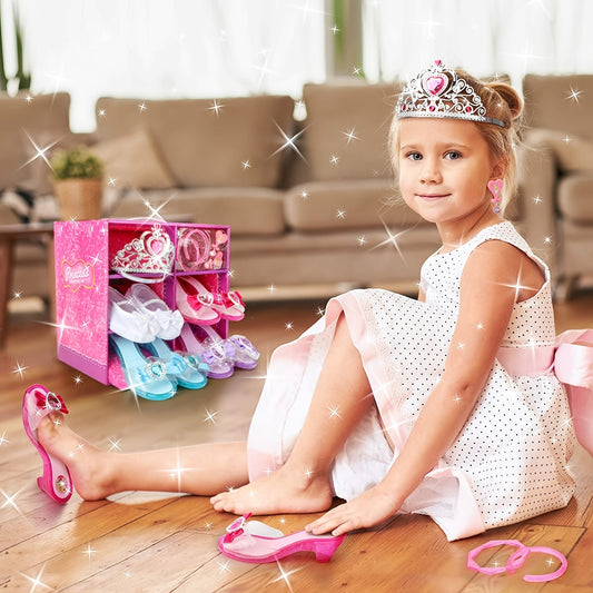 Princess Playtime Shoe Set 4-Pair - Complete Dress-Up Kit with Tiara, Jewelry & Accessories - Ideal Birthday Gift for Girls 3-6
