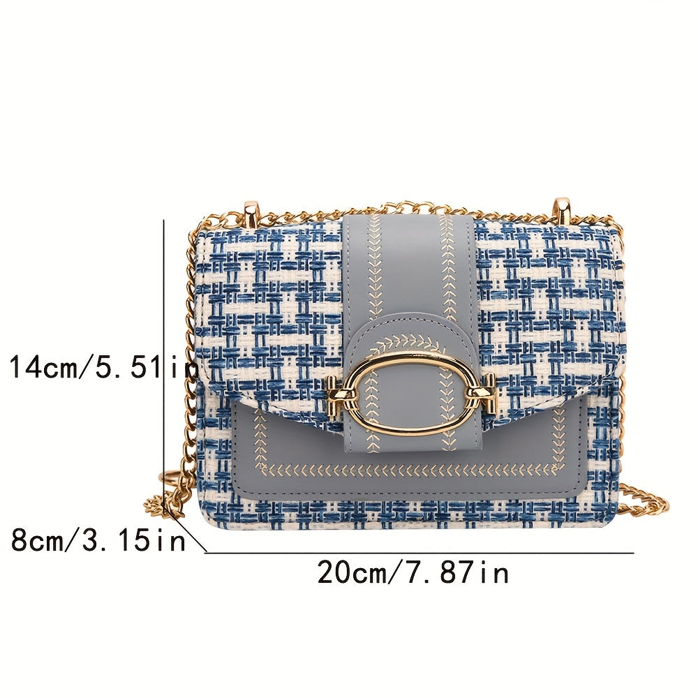 Mini Plaid Pattern Tweed Bag, Buckle Decor Shoulder Square Bag, Chain Crossbody Flap Purse For Everyday