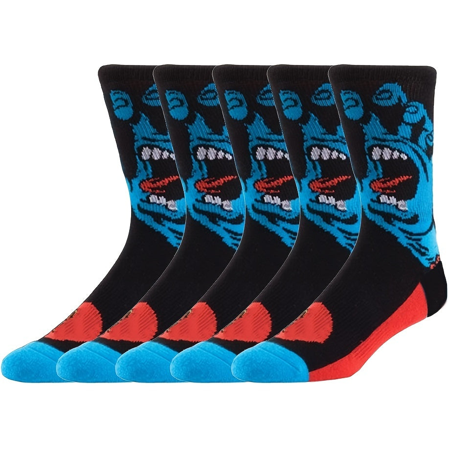5pairs Men's Breathable Sweat Absorbing Crew Socks With Skull Faces Print, Novelty Socks