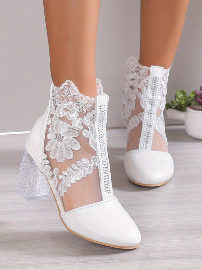 Women's Floral Print Lace Ankle Boots, Back Zipper Square High Heel Shoes, Round Toe Shoes