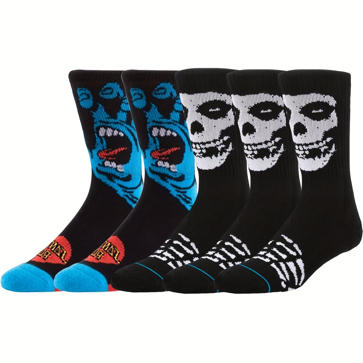 5pairs Men's Breathable Sweat Absorbing Crew Socks With Skull Faces Print, Novelty Socks