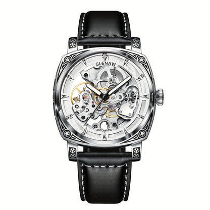 Carved Automatic Watches for Men, Retro Tattoo Skeleton Self-Winding Mechanical Watch Men's Automatic - 3 ATM Waterproof, Luminous Hands, Skeleton Dial, Ideal for Everyday Wear and Formal Occasions