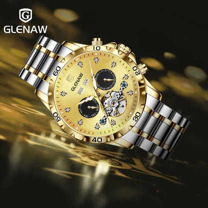 Automatic Watches for Men, Rhinestone Stainless Steel Strap Skeleton Automatic Winding Mechanical Watch Day Date Month Year Men's Watch Gift