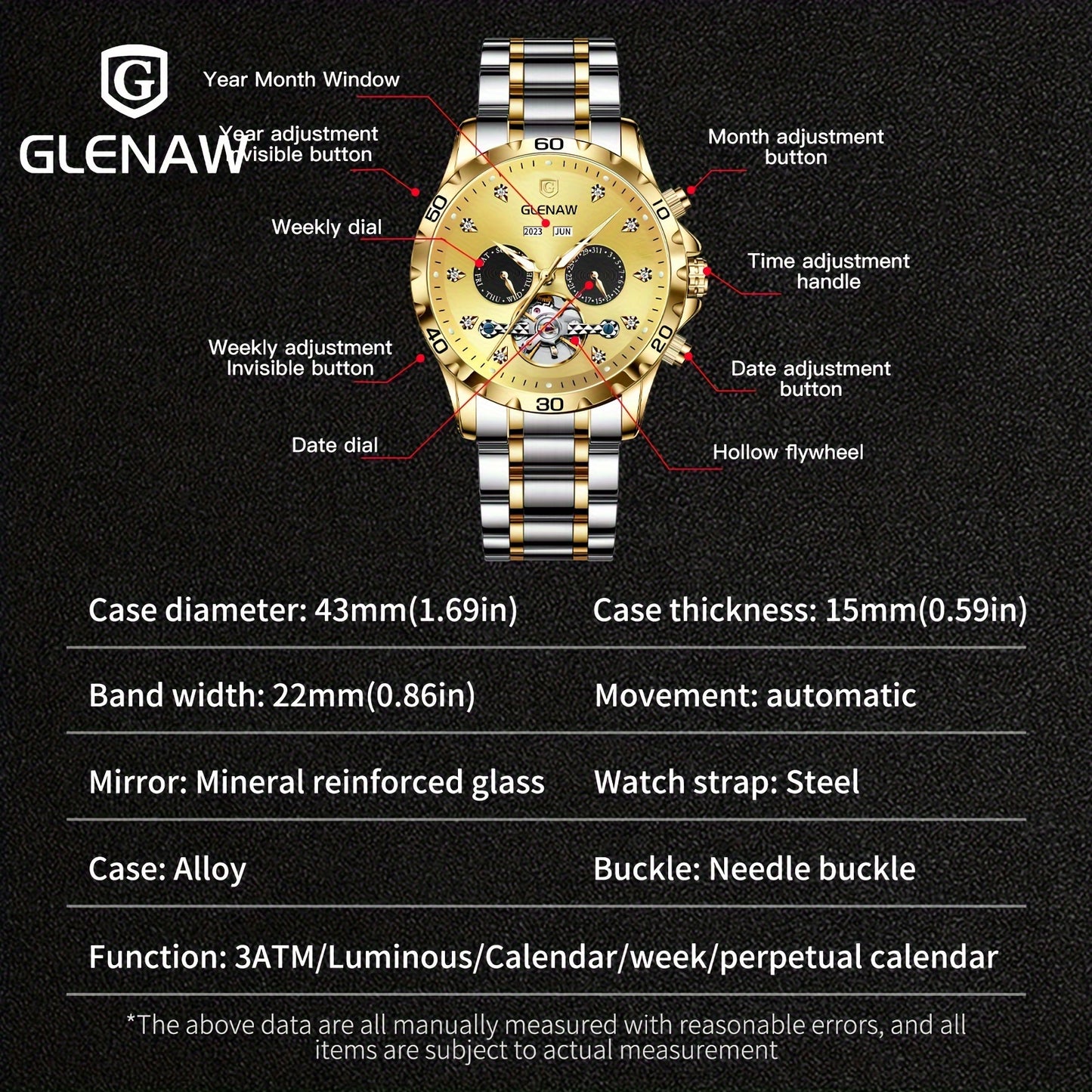 Automatic Watches for Men, Rhinestone Stainless Steel Strap Skeleton Automatic Winding Mechanical Watch Day Date Month Year Men's Watch Gift