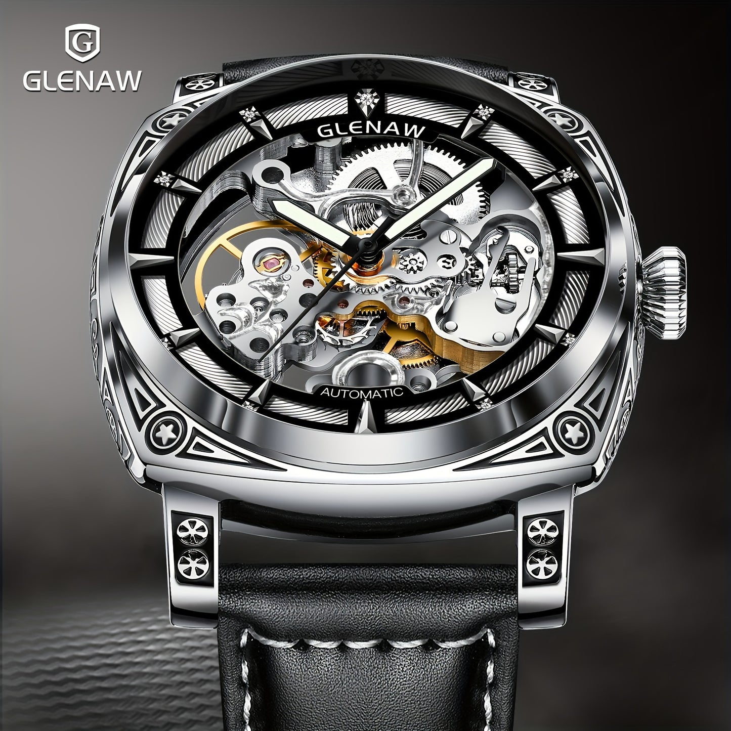 Carved Automatic Watches for Men, Retro Tattoo Skeleton Self-Winding Mechanical Watch Men's Automatic - 3 ATM Waterproof, Luminous Hands, Skeleton Dial, Ideal for Everyday Wear and Formal Occasions