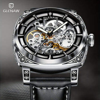 Carved Automatic Watches for Men, Retro Tattoo Skeleton Self-Winding Mechanical Watch Men's Automatic - 3 ATM Waterproof, Luminous Hands, Skeleton Dial, Ideal for Everyday Wear and Formal Occasions