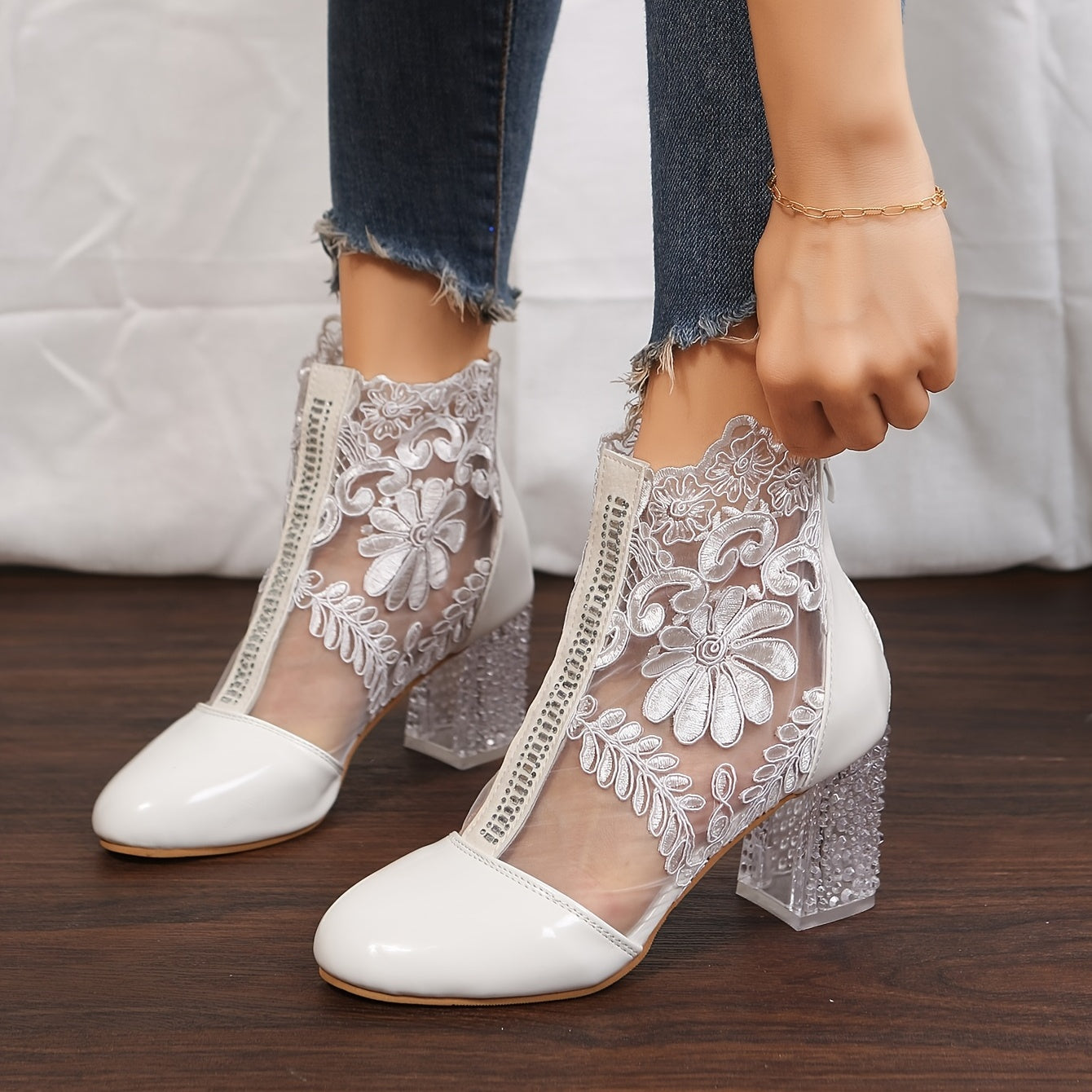 Women's Floral Print Lace Ankle Boots, Back Zipper Square High Heel Shoes, Round Toe Shoes