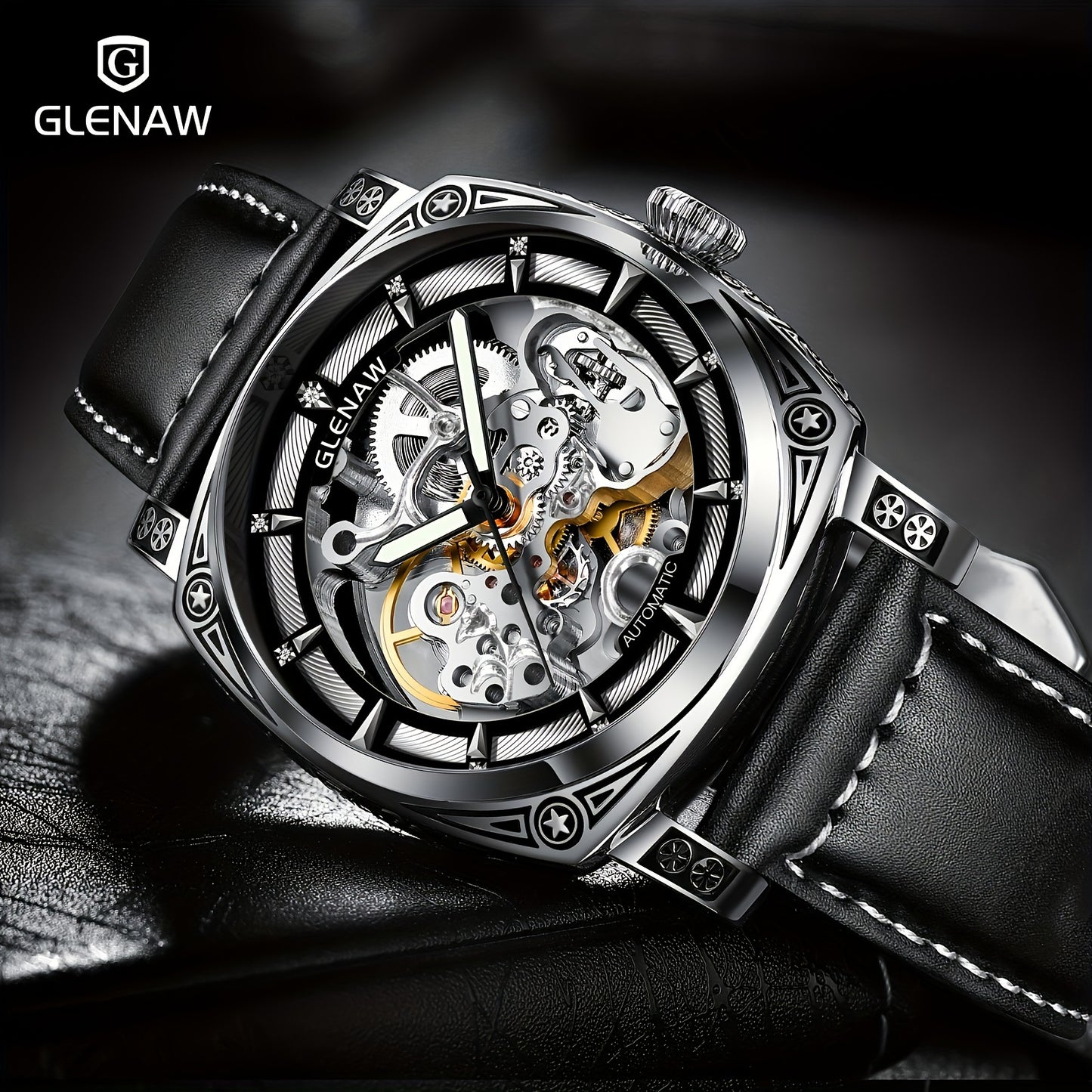 Carved Automatic Watches for Men, Retro Tattoo Skeleton Self-Winding Mechanical Watch Men's Automatic - 3 ATM Waterproof, Luminous Hands, Skeleton Dial, Ideal for Everyday Wear and Formal Occasions