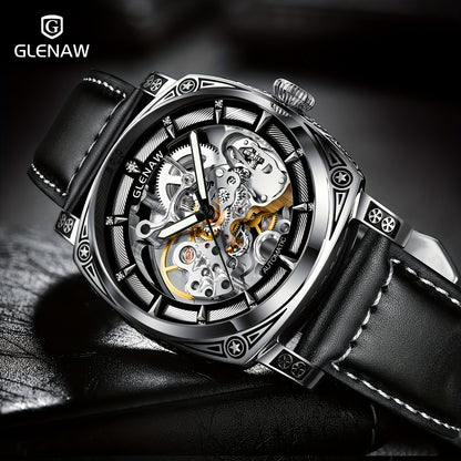 Carved Automatic Watches for Men, Retro Tattoo Skeleton Self-Winding Mechanical Watch Men's Automatic - 3 ATM Waterproof, Luminous Hands, Skeleton Dial, Ideal for Everyday Wear and Formal Occasions
