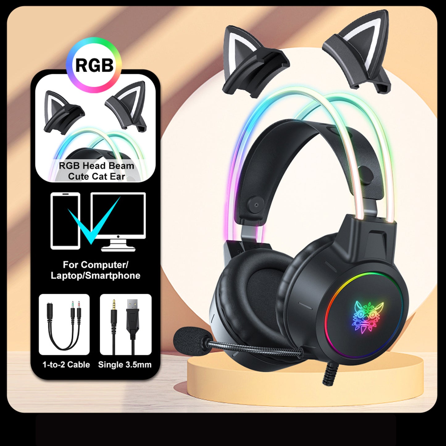 ONIKUMA X15pro Cat Ears Gaming Headset with LED Light-Up Headband, Wired, Noise-Canceling Mic for PC & Laptop
