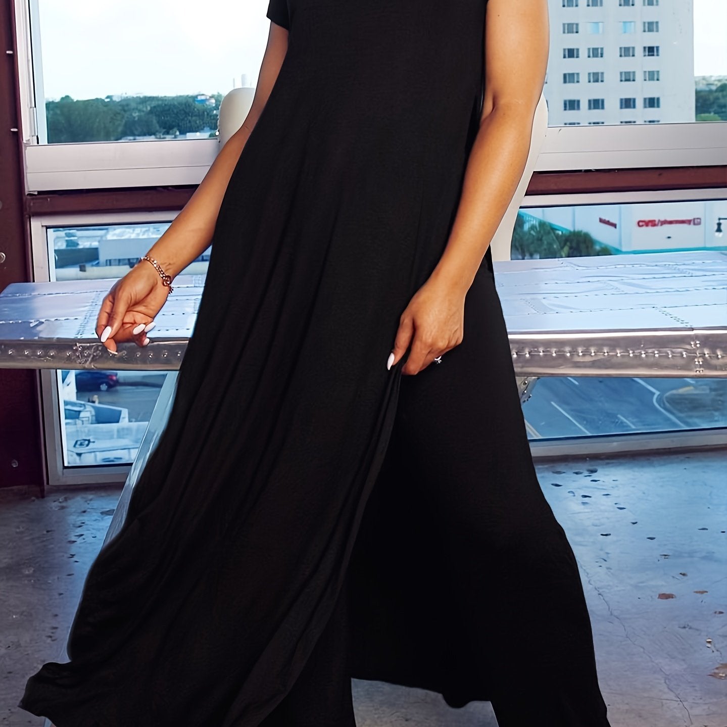 Plus Size Solid Color Split Hem Oversized T-shirt & Pants Set, Women's Plus High Stretch 2pcs Set