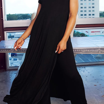 Plus Size Solid Color Split Hem Oversized T-shirt & Pants Set, Women's Plus High Stretch 2pcs Set