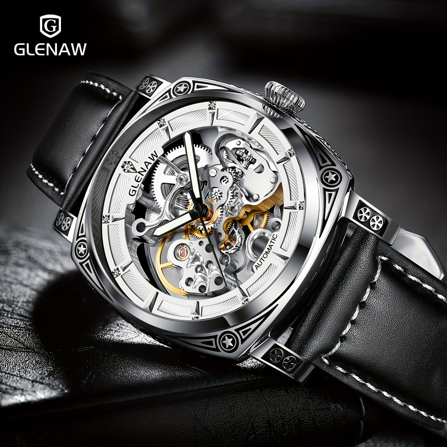 Carved Automatic Watches for Men, Retro Tattoo Skeleton Self-Winding Mechanical Watch Men's Automatic - 3 ATM Waterproof, Luminous Hands, Skeleton Dial, Ideal for Everyday Wear and Formal Occasions