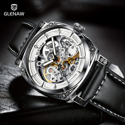 Carved Automatic Watches for Men, Retro Tattoo Skeleton Self-Winding Mechanical Watch Men's Automatic - 3 ATM Waterproof, Luminous Hands, Skeleton Dial, Ideal for Everyday Wear and Formal Occasions