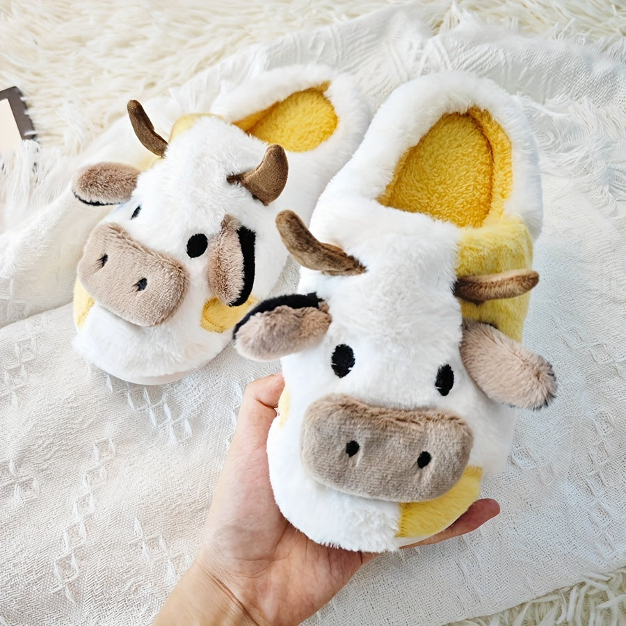 Adorable Cartoon Cow Plush Slippers for Women - Cozy Fabric Upper & PVC Sole, Soft Indoor Footwear with Fluffy White Trim, Cute Slippers
